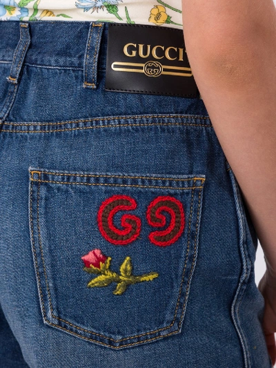 Shop Gucci Floral Embroidered Denim Shorts In Blue