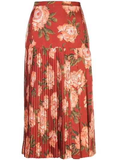 Shop Ferragamo Pleated Print Skirt Red
