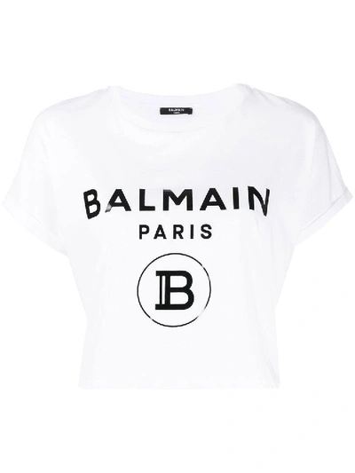 Shop Balmain Cropped Logo T-shirt In White