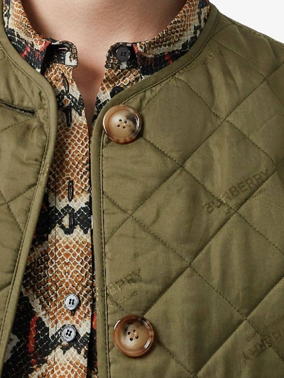 Shop Burberry Olive Green Logo Quilted Jacket