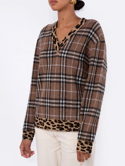 Shop Burberry Leopard Print Trim Checkered Sweater In Multicolor