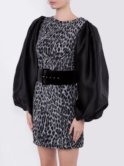 Shop Rasario Puff Sleeve Organza And Leopard Print Chiffon Mini Dress In Black