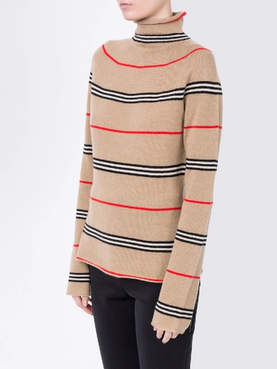 Shop Burberry Icon Stripe Cashmere Turtleneck Sweater In Neutral