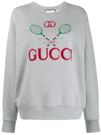 Shop Gucci Tennis Embroidered Cotton Sweatshirt In Grey