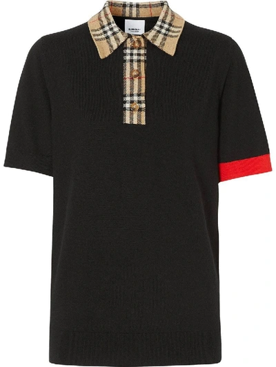 Shop Burberry Black Check Print Polo Shirt