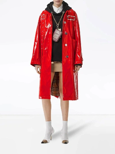 Shop Burberry Belt Detail Laminated Coat In Red