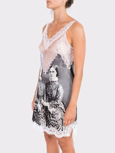 Shop Burberry Lace Detail Victorian Portrait Print Silk Slip Dress Grey