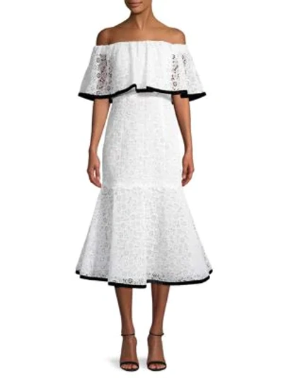 Shop Carolina Herrera Off-the-shoulder Lace Sheath Dress In White Black