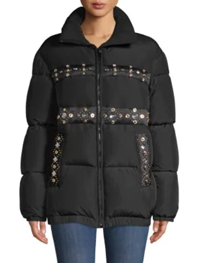 Shop Versace Embellished Down-filled Jacket In Black