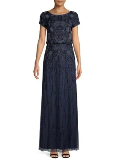 Shop Adrianna Papell Embellished Beaded Gown In Navy