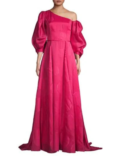 Shop Carolina Herrera Puff-sleeve One-shoulder Gown In Begonia