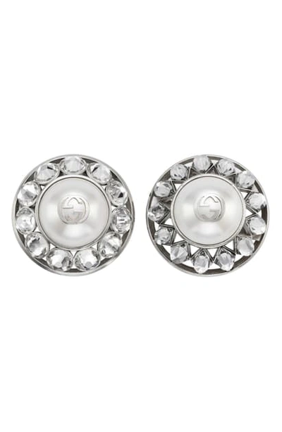 Shop Gucci Interlocking-g Imitation Pearl & Crystal Clip-on Earrings In Gold/ Grn Crystal