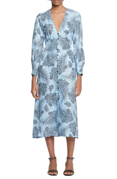 Shop Sandro Paisley Long Sleeve Midi Dress In Blue