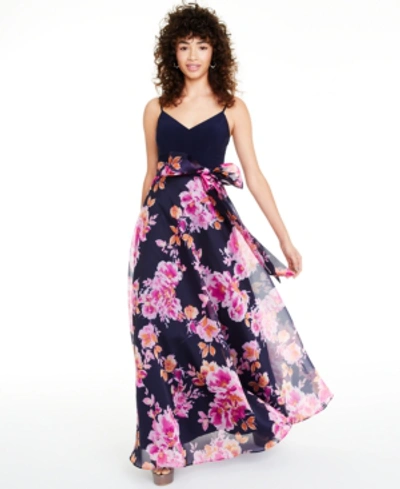 Shop Eliza J Floral-print Bow Gown In Navy Floral