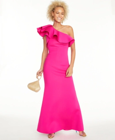 Shop Eliza J Ruffled One-shoulder Gown In Magenta Pink