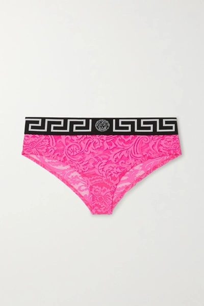 Shop Versace Neon Stretch-lace Briefs In Pink