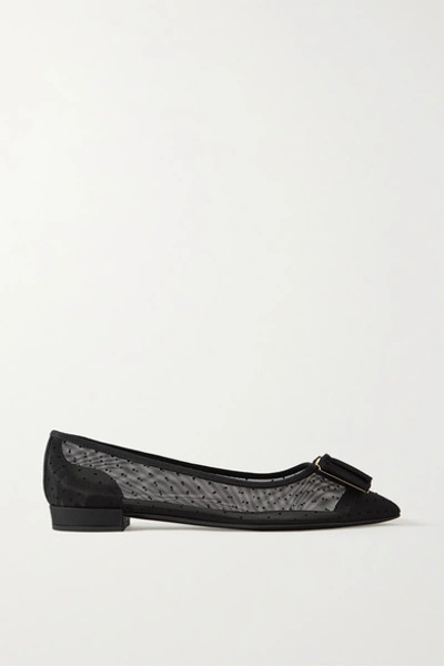 Shop Ferragamo Zeri Pois Bow-embellished Flocked Polka-dot Mesh Point-toe Flats In Black