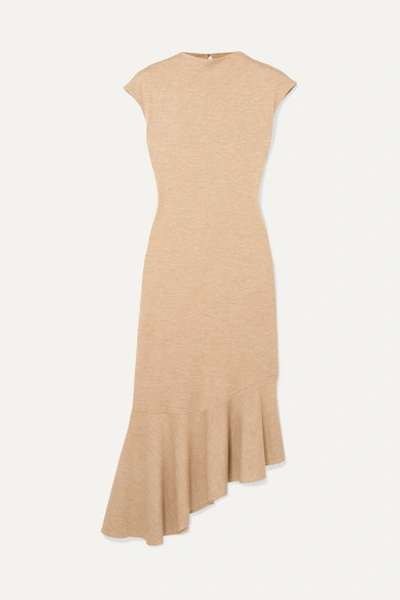 Shop Aaizél Net Sustain Asymmetric Ruffled Mélange Jersey Midi Dress In Sand