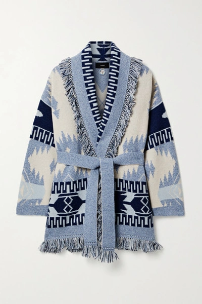 Shop Alanui Belted Fringed Cashmere Jacquard-knit Cardigan In Navy