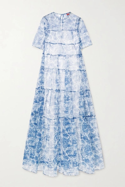 Shop Staud Hyacinth Tiered Printed Crinkled-organza Maxi Dress In Blue