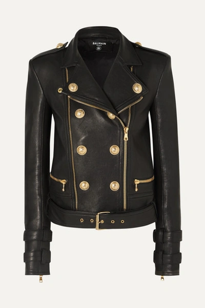 Shop Balmain Button-embellished Leather Biker Jacket In Black