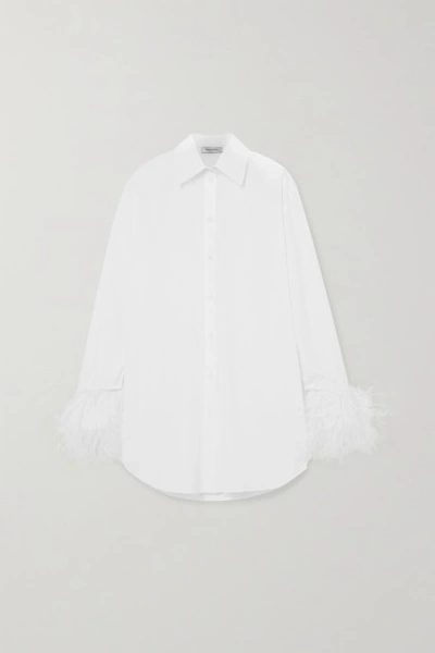 Shop Valentino Feather-trimmed Cotton-poplin Shirt In White