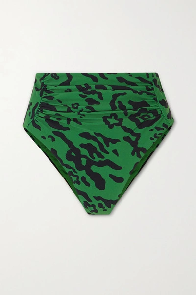 Shop Self-portrait Ruched Leopard-print Bikini Briefs In Green