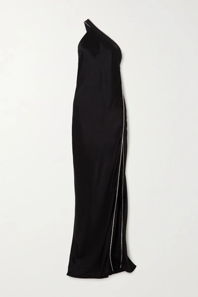 Shop Michelle Mason One-shoulder Crystal-embellished Silk-satin Gown In Black