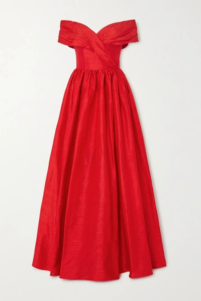 Shop Rasario Off-the-shoulder Silk-shantung Gown In Red