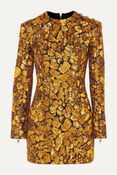 Shop Balmain Button-embellished Sequined Crepe Mini Dress In Gold