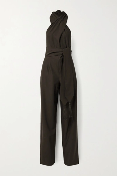 Shop Ferragamo Belted Leather-trimmed Wool-twill Halterneck Jumpsuit In Dark Brown