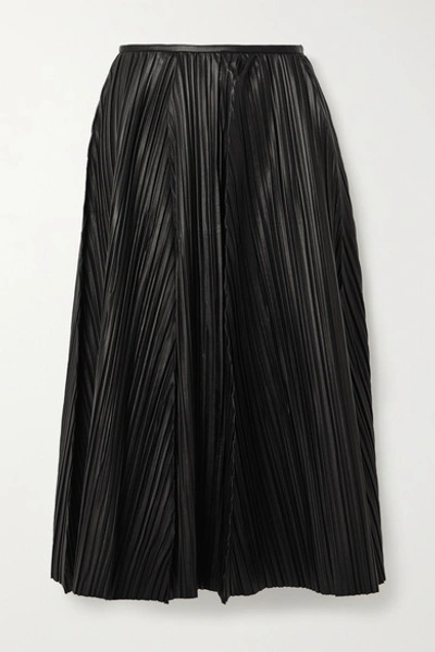 Shop Ferragamo Pleated Leather Midi Skirt In Black