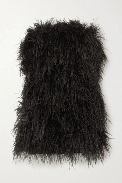 Shop Michael Lo Sordo Strapless Feather-trimmed Satin Mini Dress In Black