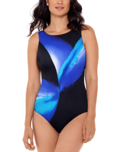 Shop Reebok Aurora Borealis Printed One-piece Swimsuit Women's Swimsuit In Blue