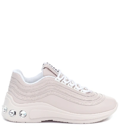 Shop Miu Miu Embellished Leather Sneakers In Beige