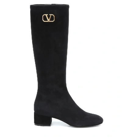 Shop Valentino Vlogo Suede Knee-high Boots In Black