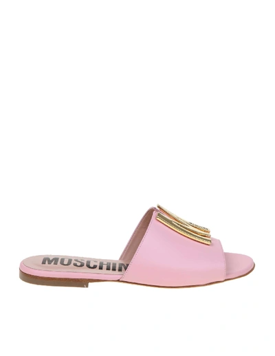 Shop Moschino Ciabatta In Leather With Metal Logo In Pink