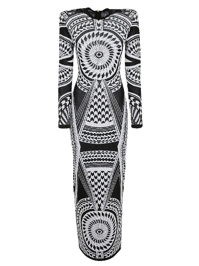 Shop Balmain Long Fluid Jacquard Dress In Eab Noir/blanc