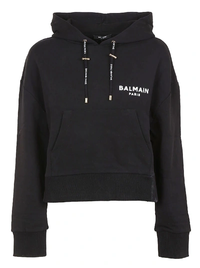 Shop Balmain Short Flocked Logo Detail Hoodie In Eab Noir/blanc