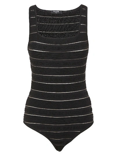 Shop Balmain Logo Stripe Strap Bodysuit In Pa Noir