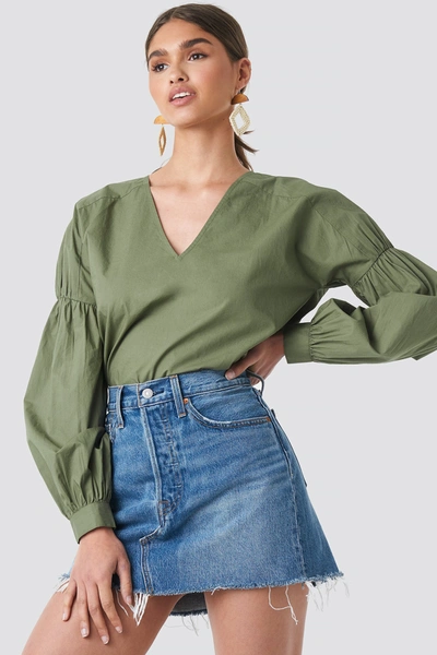 Shop Na-kd Large Sleeve V-neck Cotton Blouse Green In Khaki