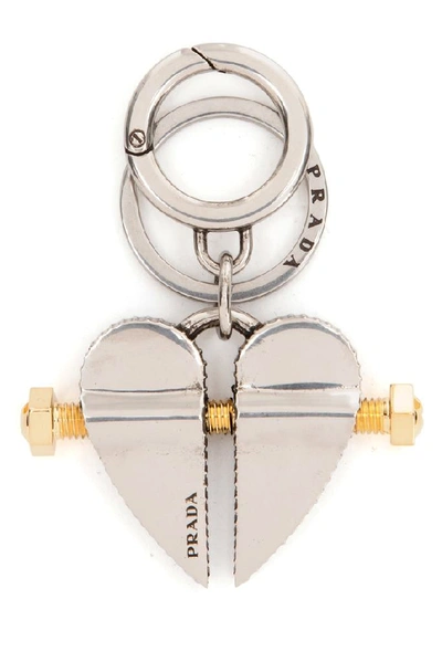Shop Prada Split Heart Logo Keyring In Silver
