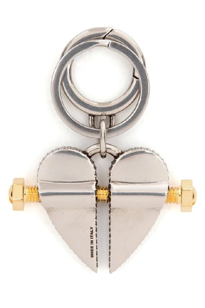 Shop Prada Split Heart Logo Keyring In Silver