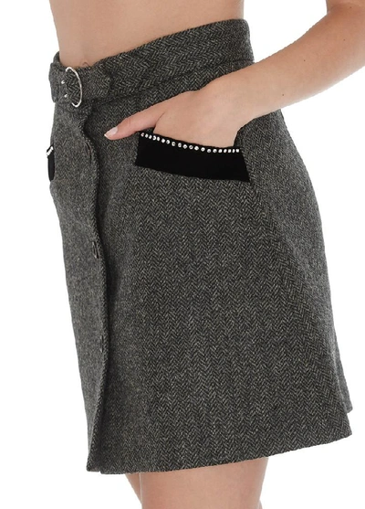 Shop Miu Miu Belted Button Front A Line Skirt In Grey