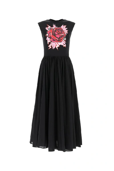 Shop Prada Pleated Rose Print Dress In Black