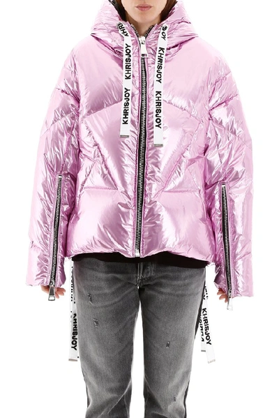 Shop Khrisjoy Logo Print Drawstring Hooded Puffer Jacket In Pink