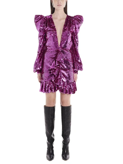 Shop Amen Sequinned Ruffle Trimmed Mini Dress In Purple