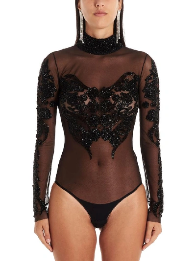 Shop Amen Backless Sheer Embellished Bodysuit In Black