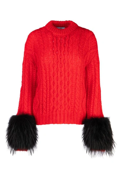 Shop Prada Feathered Sleeve Cable Knit Sweatshirt In F0927