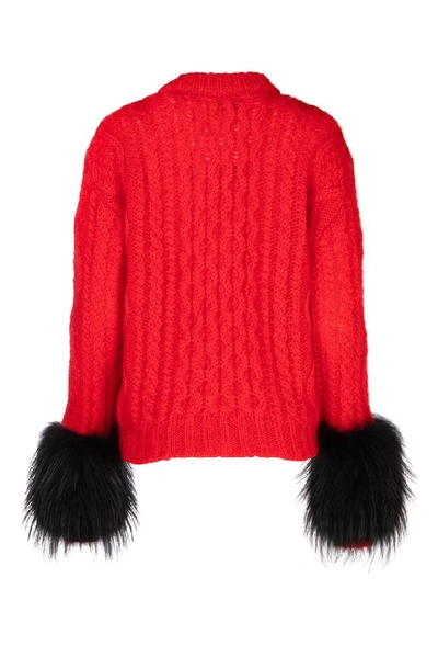 Shop Prada Feathered Sleeve Cable Knit Sweatshirt In F0927